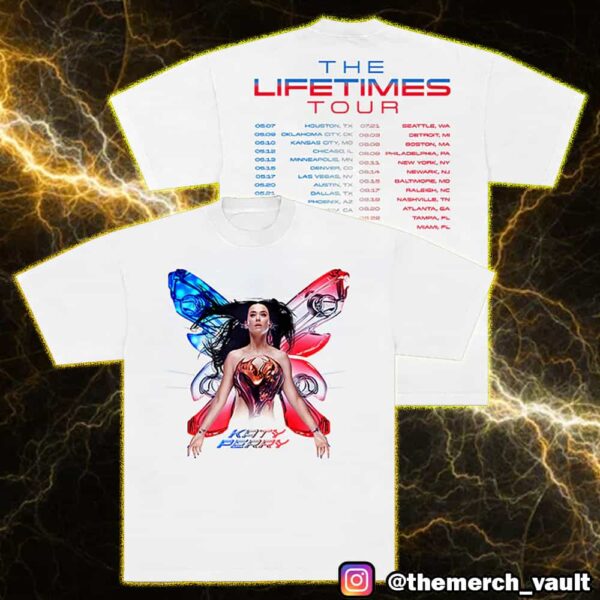 Katy Perry The Lifetimes Tour 2025 Butterfly With Tour Stops Print On Back Merchandise Unisex Tee